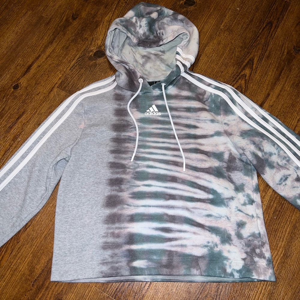 Adidas Gray Split Tie Dye Green Black Crop Long Sleeve Hooded Pullover Size S - Picture 7 of 14